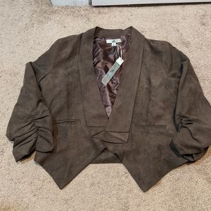 Suede like brown crop jacket w pleat front